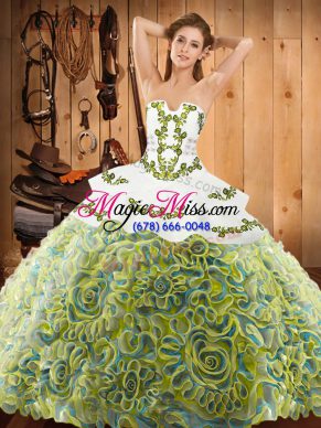 Strapless Sleeveless 15th Birthday Dress With Train Sweep Train Embroidery Multi-color Satin and Fabric With Rolling Flowers