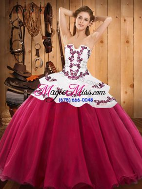Hot Pink Lace Up Quince Ball Gowns Embroidery Sleeveless Floor Length