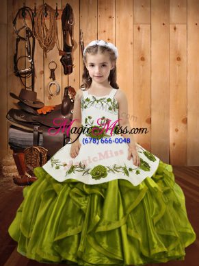 Fashion Floor Length Olive Green Pageant Dress for Womens Organza Sleeveless Embroidery and Ruffles