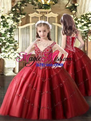 Red Pageant Dress for Girls Party and Quinceanera with Beading and Appliques V-neck Sleeveless Lace Up