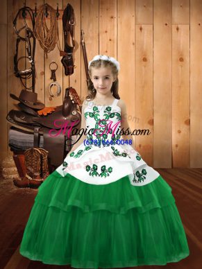 Green Lace Up Pageant Gowns For Girls Embroidery Sleeveless Floor Length