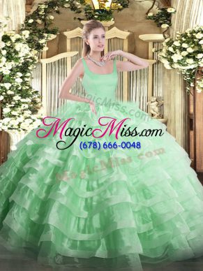 Dramatic Apple Green Ball Gowns Beading and Ruffled Layers Quinceanera Gown Zipper Organza Sleeveless Floor Length