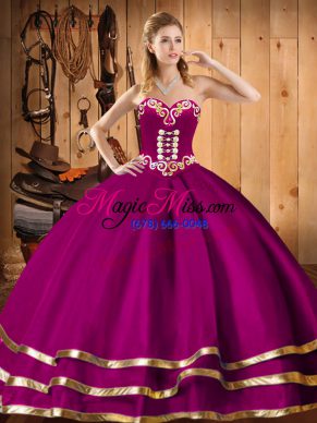 Luxurious Fuchsia Ball Gowns Embroidery Quinceanera Dress Lace Up Organza Sleeveless Floor Length