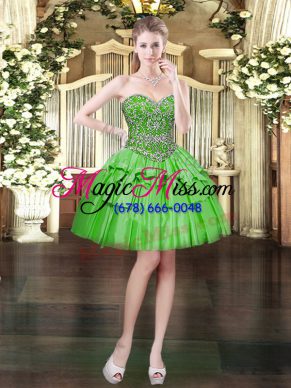 Dramatic Mini Length Green Prom Dresses Satin and Organza Sleeveless Beading and Ruffled Layers