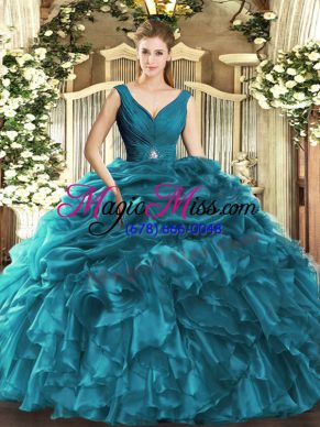 Classical Beading and Ruffles Quince Ball Gowns Teal Backless Sleeveless Floor Length