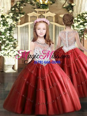 Excellent Ball Gowns Pageant Dress for Girls Red Scoop Tulle Sleeveless Floor Length Zipper