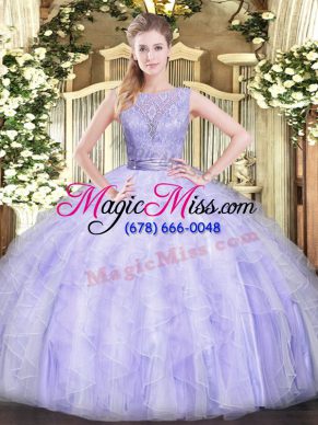 Super Lavender Organza Backless Scoop Sleeveless Floor Length 15 Quinceanera Dress Beading and Ruffles