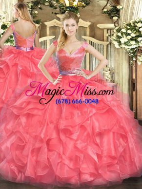 Gorgeous Floor Length Zipper Quinceanera Dresses Coral Red for Military Ball and Sweet 16 and Quinceanera with Beading and Ruffles
