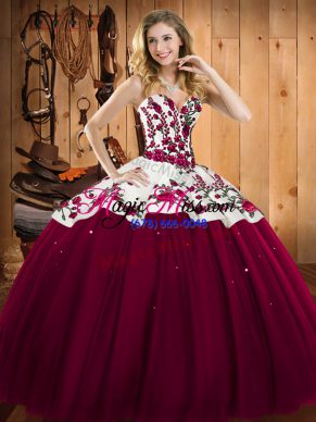 Floor Length Burgundy Quinceanera Dresses Satin and Tulle Sleeveless Embroidery