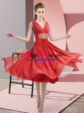Exceptional Coral Red V-neck Side Zipper Beading Wedding Party Dress Sleeveless
