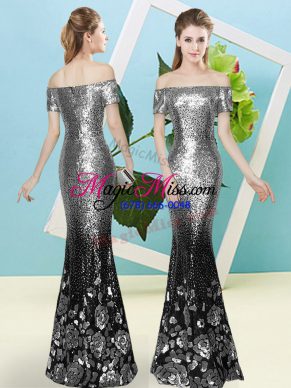 Silver Short Sleeves Sequins Floor Length Dress for Prom