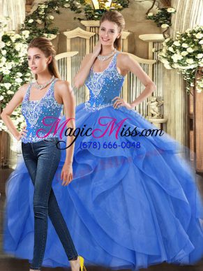 Wonderful Blue Sleeveless Beading and Ruffles Floor Length Sweet 16 Quinceanera Dress