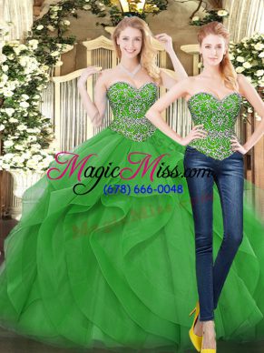 Elegant Green Tulle Lace Up Sweetheart Sleeveless Floor Length Quinceanera Gown Beading and Ruffles