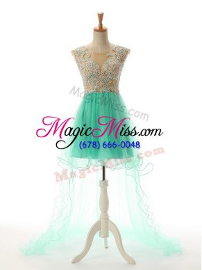 Customized Apple Green Tulle Backless Evening Dress Sleeveless High Low Appliques