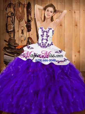 Sleeveless Floor Length Embroidery and Ruffles Lace Up Sweet 16 Quinceanera Dress with White And Purple