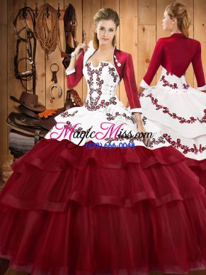 Custom Fit Burgundy Ball Gowns Lace Strapless Sleeveless Embroidery and Ruffled Layers Lace Up Sweet 16 Dresses Sweep Train