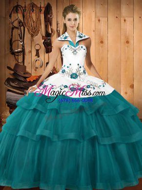 Unique Halter Top Sleeveless Organza Ball Gown Prom Dress Embroidery and Ruffled Layers Sweep Train Lace Up