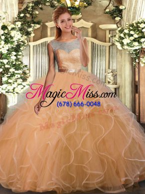 Shining Sleeveless Floor Length Lace and Ruffles Backless Quinceanera Dresses with Gold