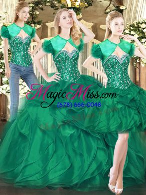 Beading and Ruffles Sweet 16 Dresses Dark Green Lace Up Sleeveless Floor Length
