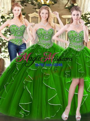 Custom Design Green Lace Up Sweetheart Beading and Ruffles Ball Gown Prom Dress Organza Sleeveless