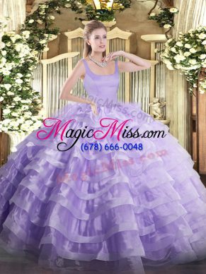 Beautiful Floor Length Lavender Quinceanera Dresses Organza Sleeveless Beading and Ruffled Layers
