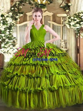 Discount Olive Green Organza Zipper V-neck Sleeveless Floor Length Sweet 16 Dresses Ruffled Layers