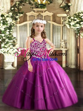 Fuchsia Lace Up Straps Beading and Appliques Child Pageant Dress Tulle Sleeveless