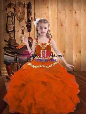 Floor Length Lace Up High School Pageant Dress Orange Red for Party and Sweet 16 and Quinceanera and Wedding Party with Embroidery and Ruffles