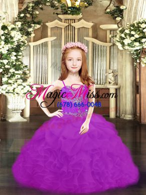 New Style Fuchsia and Purple Sleeveless Beading and Ruffles and Pick Ups Floor Length Pageant Dress