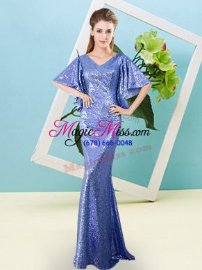Comfortable Blue Zipper Prom Dresses Sequins Half Sleeves Floor Length