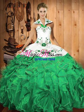 Turquoise Quinceanera Dress Military Ball and Sweet 16 and Quinceanera with Embroidery and Ruffles Halter Top Sleeveless Lace Up