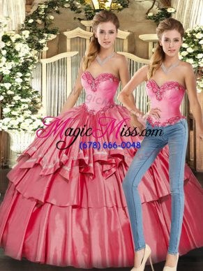 Watermelon Red Sweetheart Neckline Beading and Ruffled Layers Vestidos de Quinceanera Sleeveless Lace Up