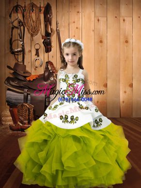 Hot Selling Organza Straps Sleeveless Lace Up Embroidery and Ruffles Pageant Dress for Womens in Olive Green
