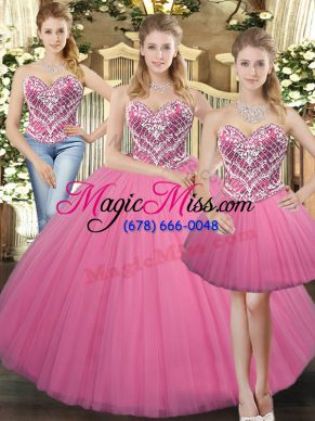 Beading Quinceanera Dresses Rose Pink Lace Up Sleeveless Floor Length