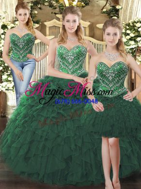 Chic Floor Length Dark Green Sweet 16 Dresses Tulle Sleeveless Beading and Ruffles