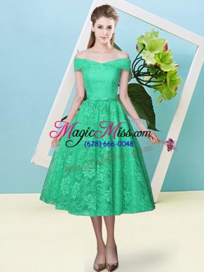 Dramatic Tea Length Turquoise Bridesmaids Dress Off The Shoulder Cap Sleeves Lace Up