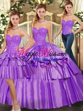 Eggplant Purple Organza Lace Up Quince Ball Gowns Sleeveless Floor Length Beading and Ruffled Layers