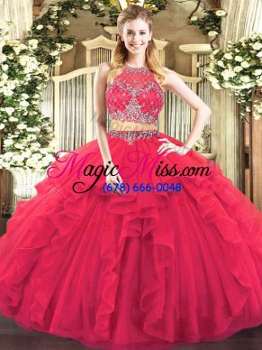 Sleeveless Floor Length Beading and Ruffles Zipper Ball Gown Prom Dress with Coral Red