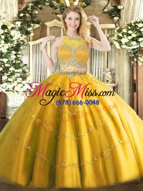 Gold 15 Quinceanera Dress Military Ball and Sweet 16 and Quinceanera with Beading Scoop Sleeveless Zipper