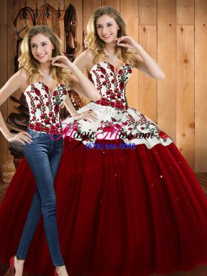 Wine Red Satin and Tulle Lace Up Sweetheart Sleeveless Floor Length 15th Birthday Dress Embroidery