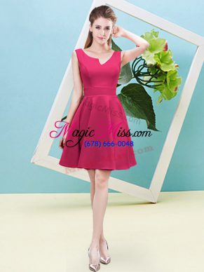Modest Sleeveless Satin Mini Length Zipper Dama Dress in Hot Pink with Ruching