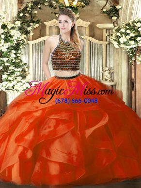 Classical Orange Red Organza Zipper Sweet 16 Quinceanera Dress Sleeveless Floor Length Beading and Ruffles