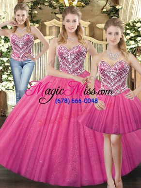 Hot Pink Lace Up Sweetheart Beading Quinceanera Gown Tulle Sleeveless