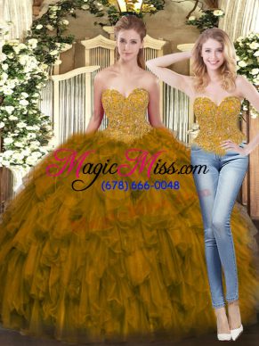 Fabulous Olive Green Ball Gowns Beading and Ruffles Quince Ball Gowns Lace Up Tulle Sleeveless Floor Length