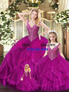 Floor Length Fuchsia Quinceanera Dress Straps Sleeveless Lace Up