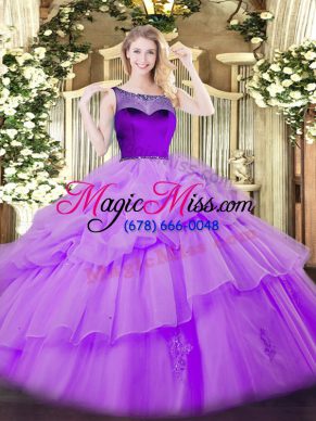 Stylish Lavender Ball Gowns Organza Scoop Sleeveless Beading and Pick Ups Floor Length Zipper Sweet 16 Dresses