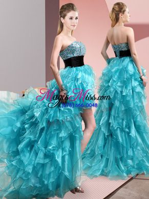 Simple Aqua Blue Organza Lace Up Dress for Prom Sleeveless High Low Beading and Ruffles
