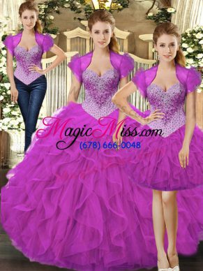 Ball Gowns Quince Ball Gowns Fuchsia Straps Tulle Sleeveless Floor Length Lace Up