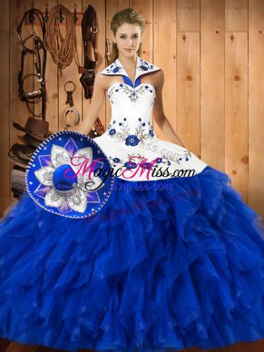 Blue And White Lace Up Ball Gown Prom Dress Embroidery and Ruffles Sleeveless Floor Length