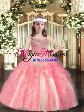 Watermelon Red Ball Gowns Straps Sleeveless Tulle Floor Length Lace Up Beading and Ruffles Pageant Dress Wholesale